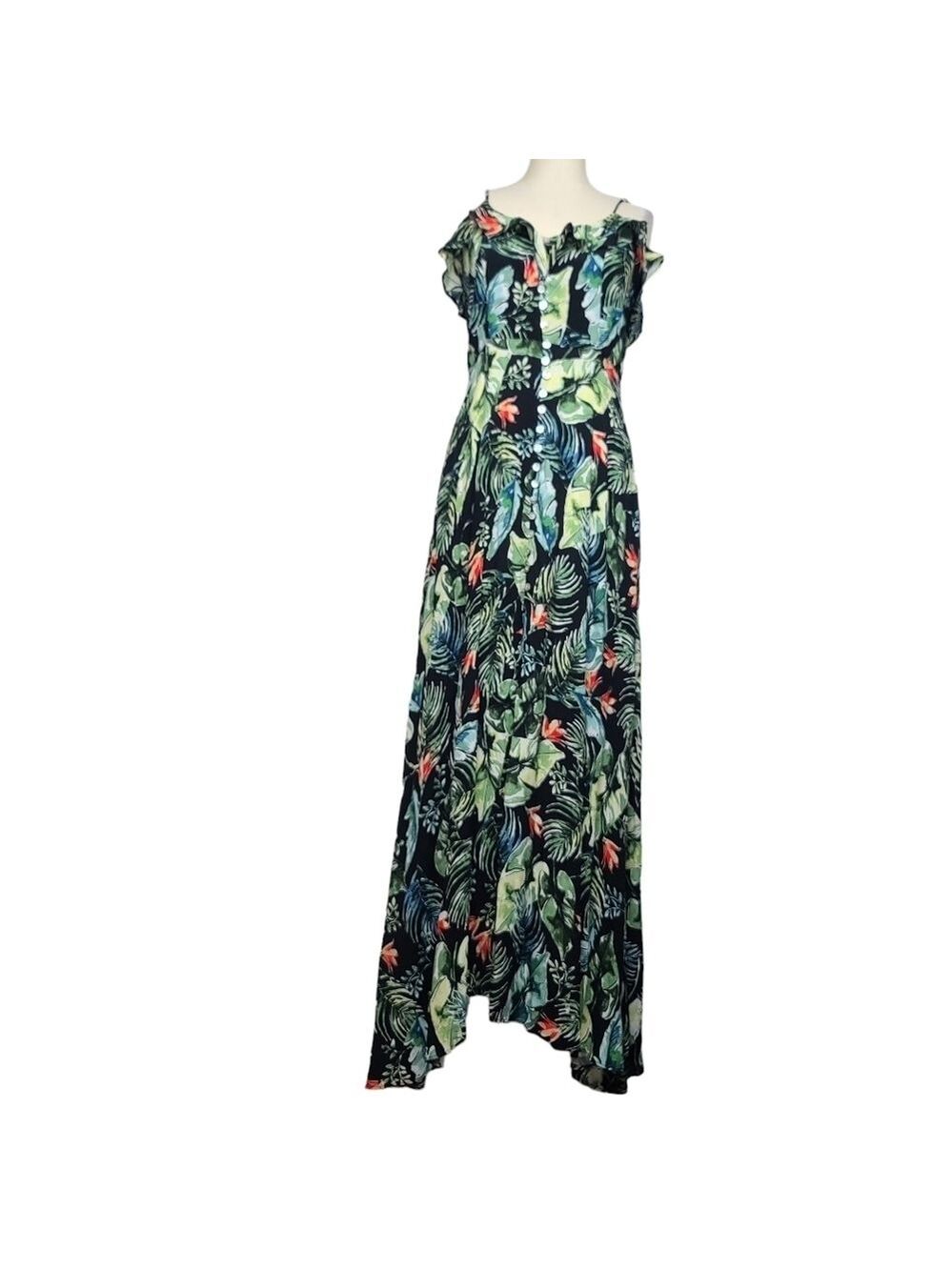 Dress Forum Tropical Floral Front Slit Faux Button Ruffle Sleeveless Dress S